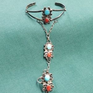 Vintage sterling turquoise and coral cuff/ring set